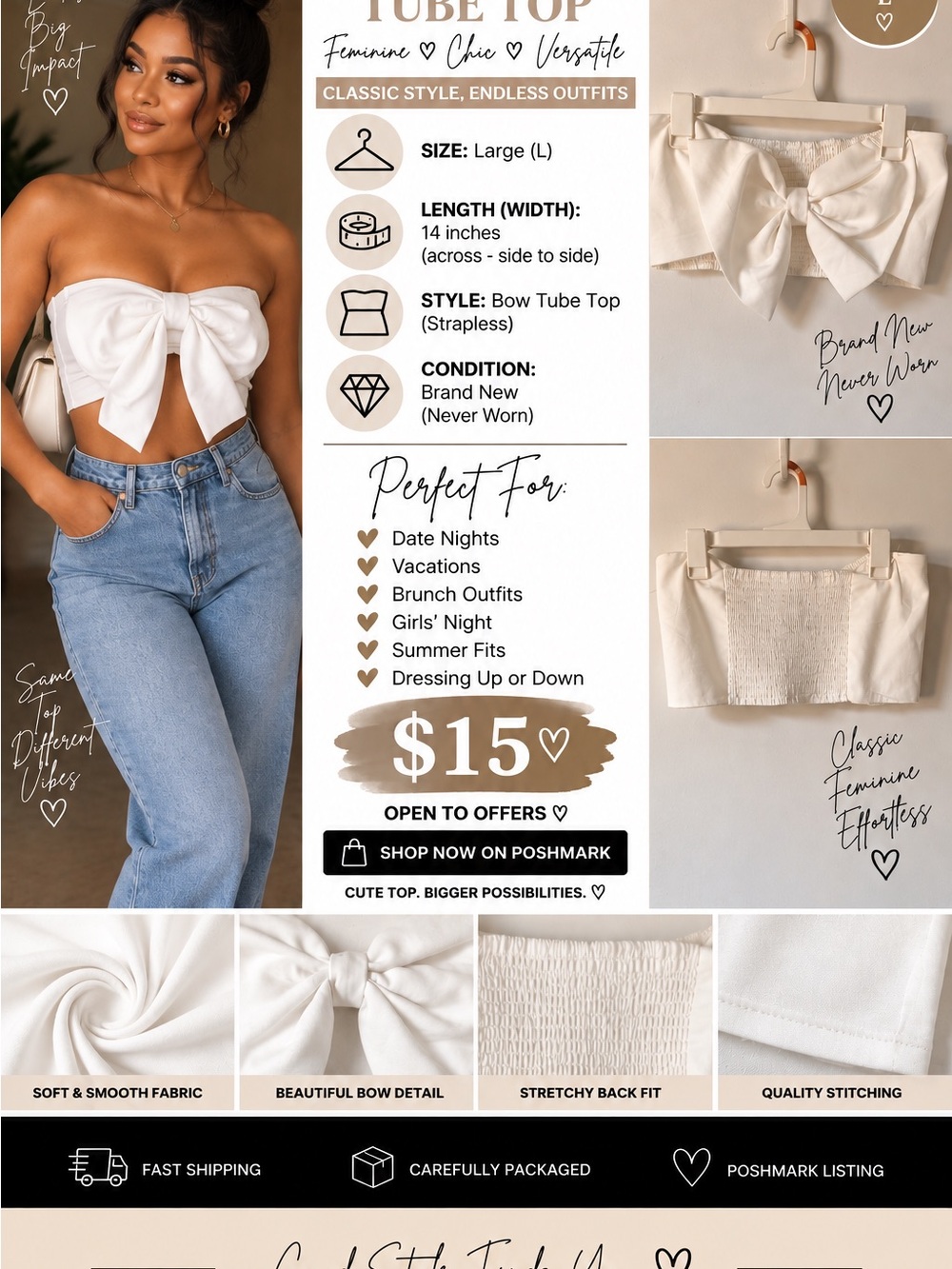 Bow Tube Top — White Strapless Women's Top